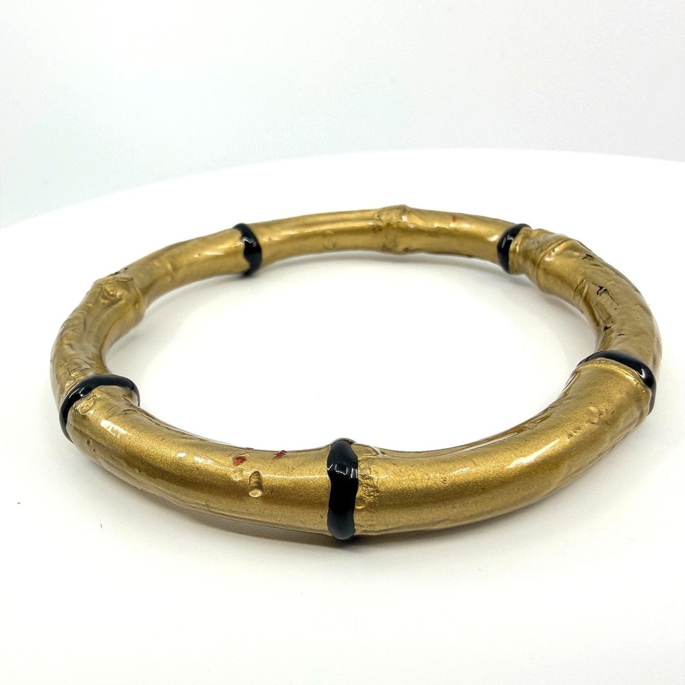 Vintage Gold Tone Bamboo Bangle Bracelet Black Enamel Accents Mod Retro Boho 90s